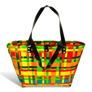 Vintage XL Multi Colored Basket Weave Plastic Tote Bag. RARE Find!